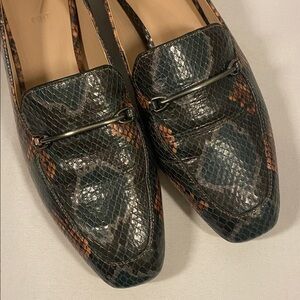 27 Edit Green/Gray/Tan/Brown Leather Snakeskin Loafers 8M Metal Trim Heels